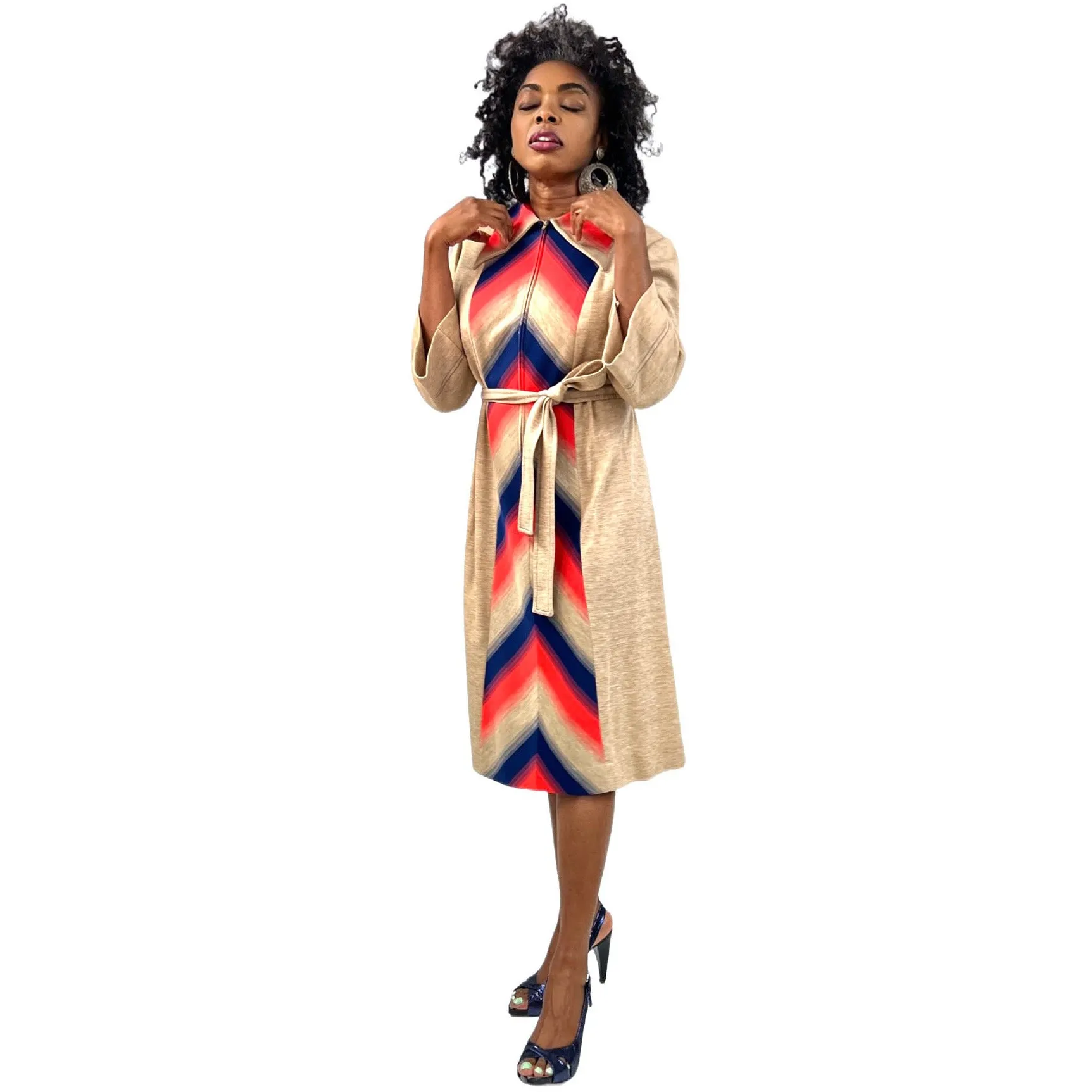 Lady Windsor (Kay Windsor) 1970s Shirt Dress NWT Chevron Pattern Red Blue Tan L