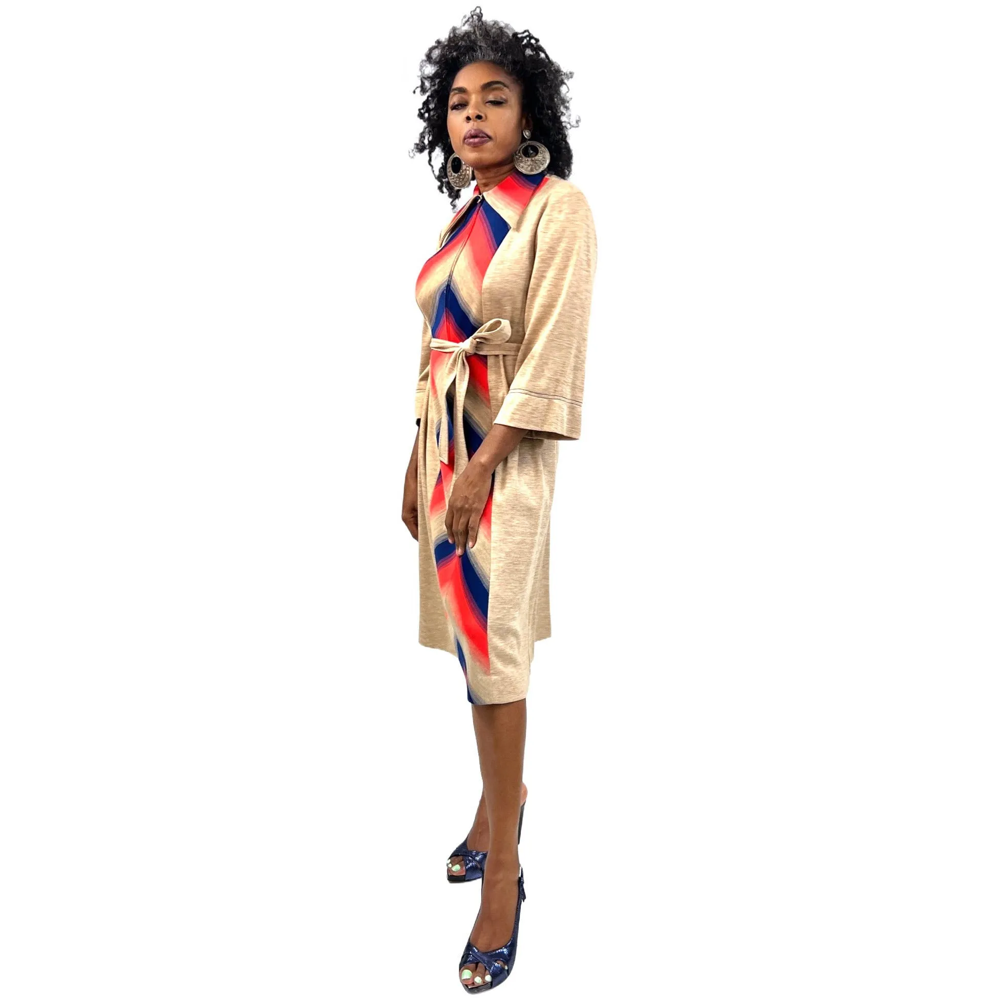 Lady Windsor (Kay Windsor) 1970s Shirt Dress NWT Chevron Pattern Red Blue Tan L