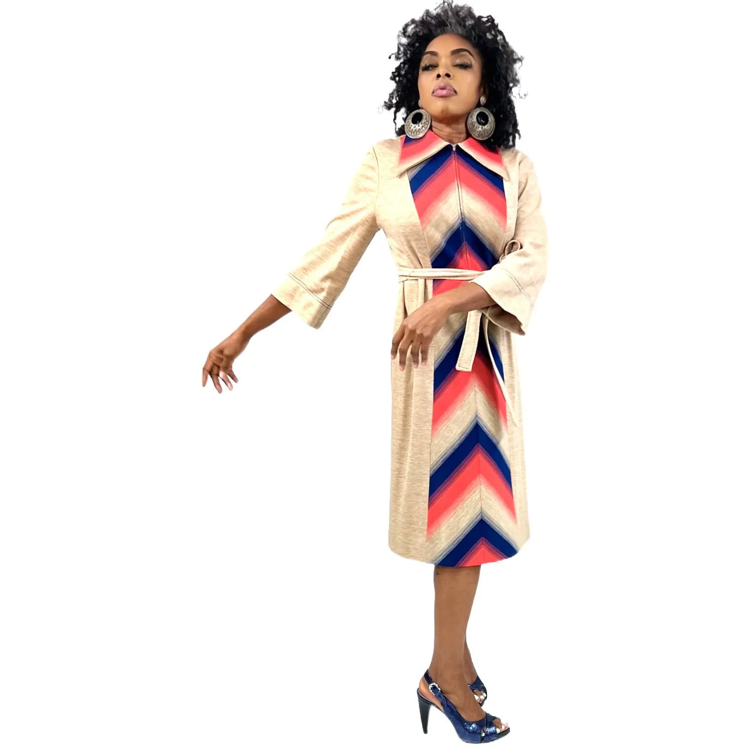 Lady Windsor (Kay Windsor) 1970s Shirt Dress NWT Chevron Pattern Red Blue Tan L