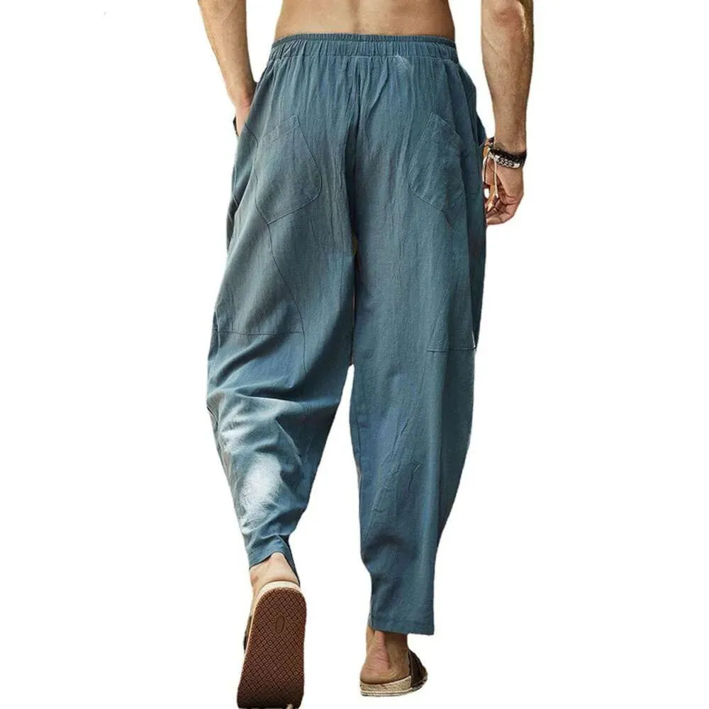 Large Casual Cropped Pants for Mens Loose Cotton Linen Drawstring Hip-hop Lantern Leggings