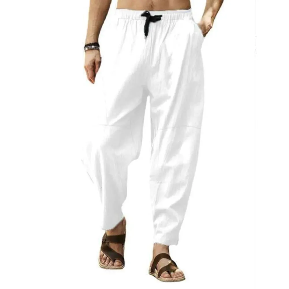 Large Casual Cropped Pants for Mens Loose Cotton Linen Drawstring Hip-hop Lantern Leggings