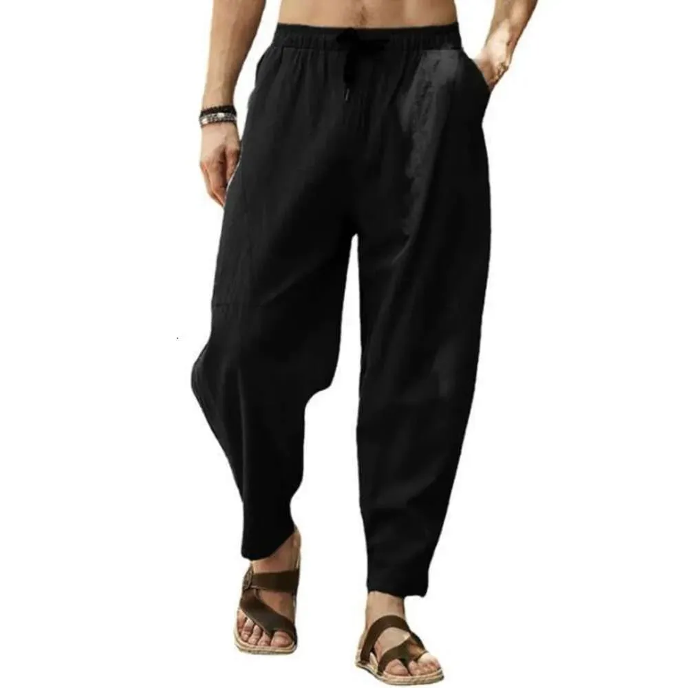 Large Casual Cropped Pants for Mens Loose Cotton Linen Drawstring Hip-hop Lantern Leggings