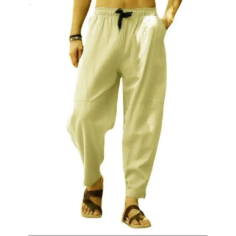 Large Casual Cropped Pants for Mens Loose Cotton Linen Drawstring Hip-hop Lantern Leggings