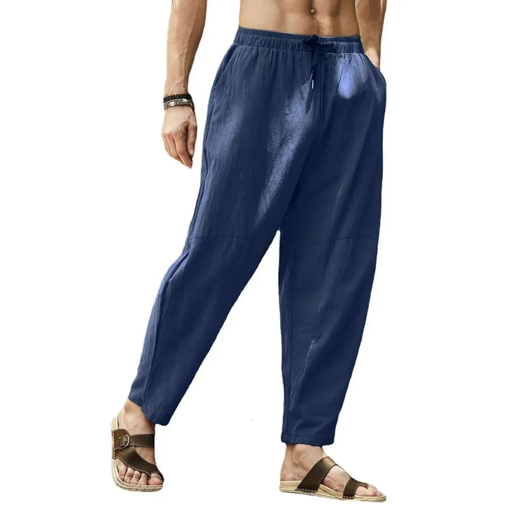 Large Casual Cropped Pants for Mens Loose Cotton Linen Drawstring Hip-hop Lantern Leggings