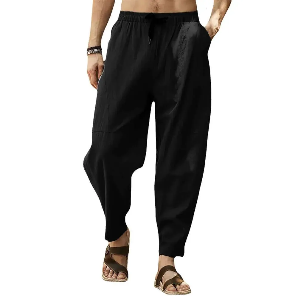 Large Casual Cropped Pants for Mens Loose Cotton Linen Drawstring Hip-hop Lantern Leggings