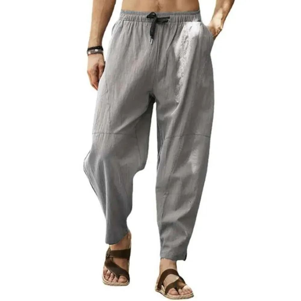 Large Casual Cropped Pants for Mens Loose Cotton Linen Drawstring Hip-hop Lantern Leggings