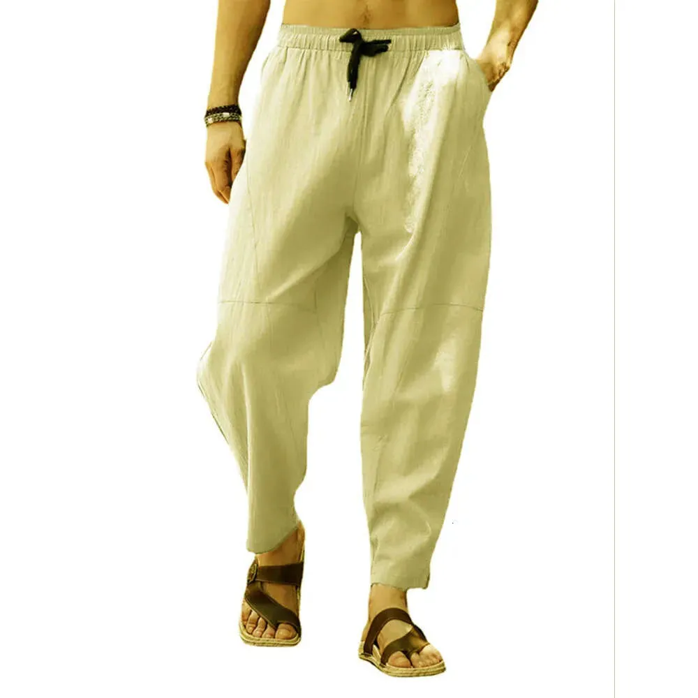 Large Casual Cropped Pants for Mens Loose Cotton Linen Drawstring Hip-hop Lantern Leggings