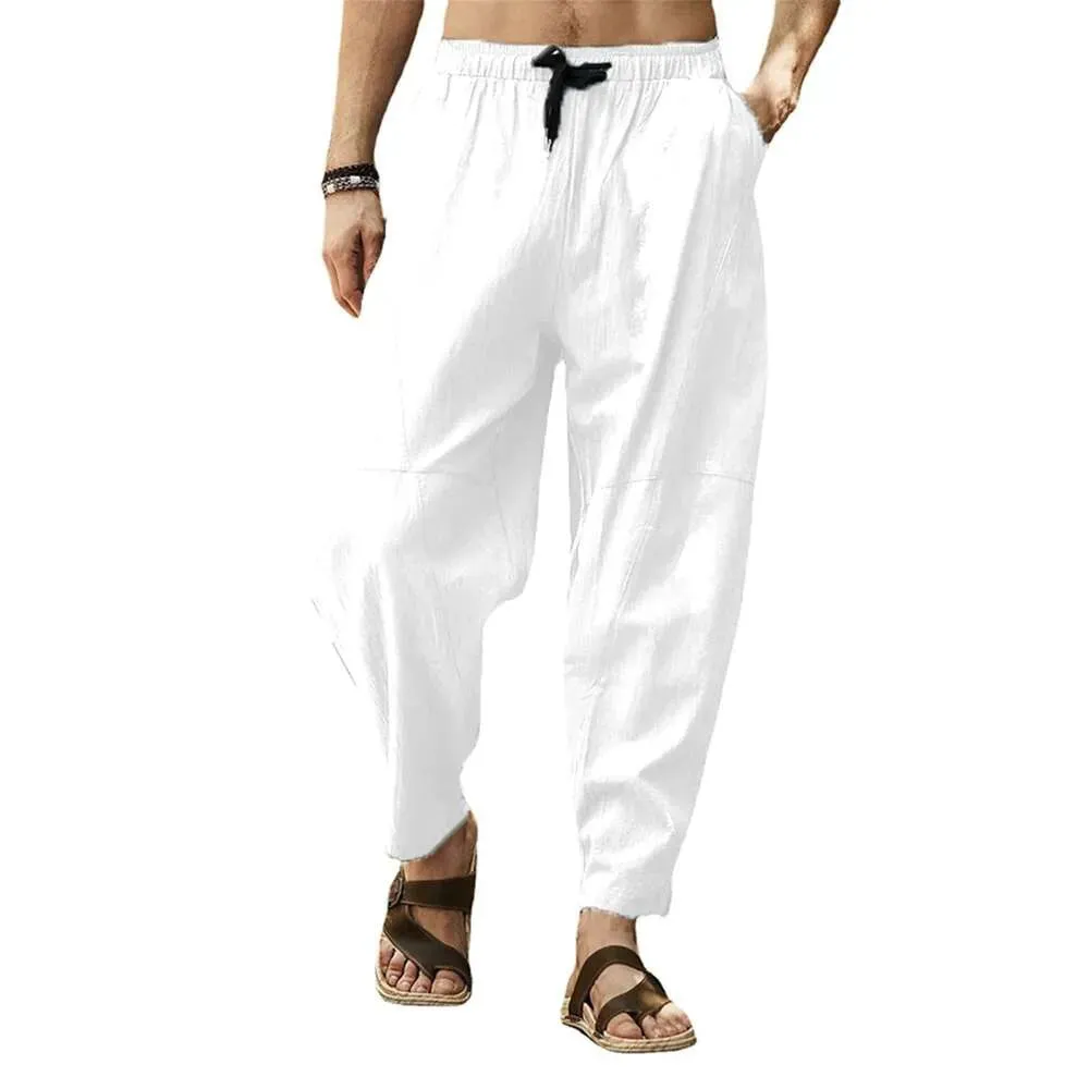 Large Casual Cropped Pants for Mens Loose Cotton Linen Drawstring Hip-hop Lantern Leggings