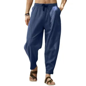 Large Casual Cropped Pants for Mens Loose Cotton Linen Drawstring Hip-hop Lantern Leggings