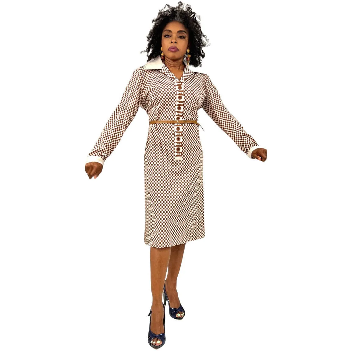 Leslie Fay Knit Mod 1970s Vintage Shirt Dress Tan/White Check Polyester Large NWT