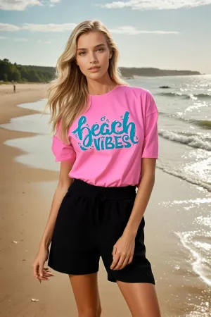 Light Pink Beach Vibes T-Shirts & Black Terry Shorts Coord Set