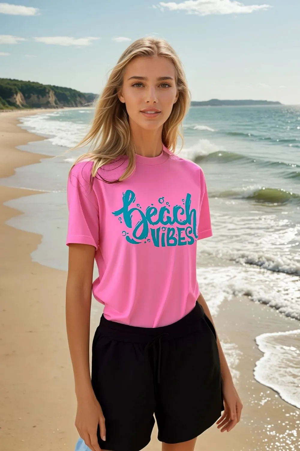 Light Pink Beach Vibes T-Shirts & Black Terry Shorts Coord Set