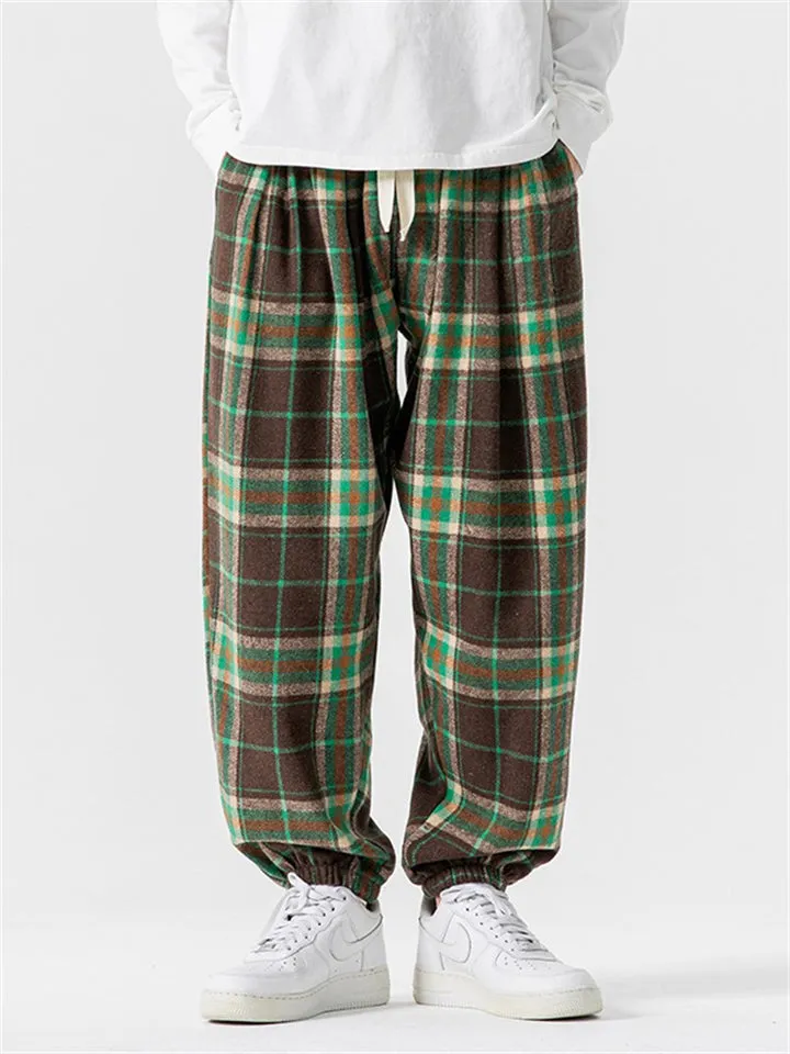 Loose Drawstring Waist Plaid Jogger Pants for Male