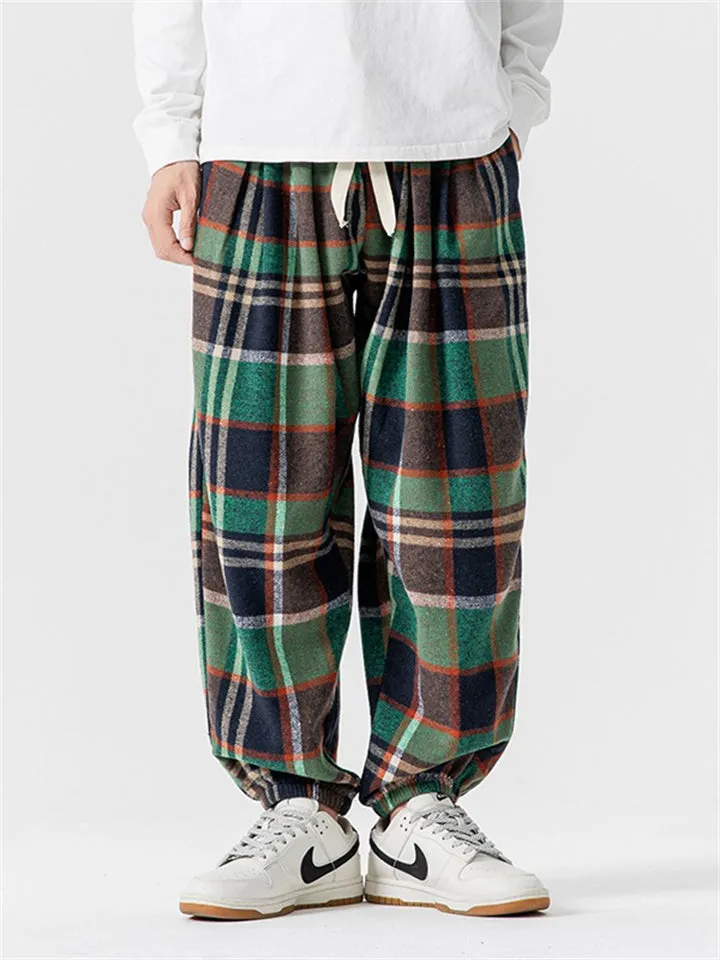 Loose Drawstring Waist Plaid Jogger Pants for Male