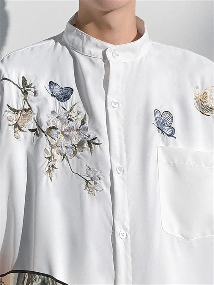 Men's Chinese Style Flying Butterfly Pear Flower Embroideried Shirt