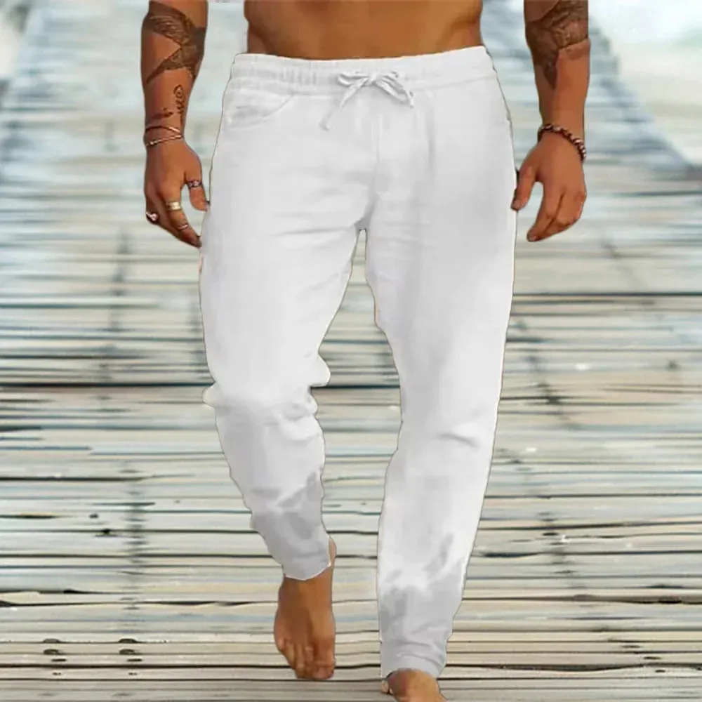Men's Cotton Linen Casual Sweatpants Beach Pants Joggers Solid Drawstring Elastic Waist Pants Male Vacation Loose Straight Pants