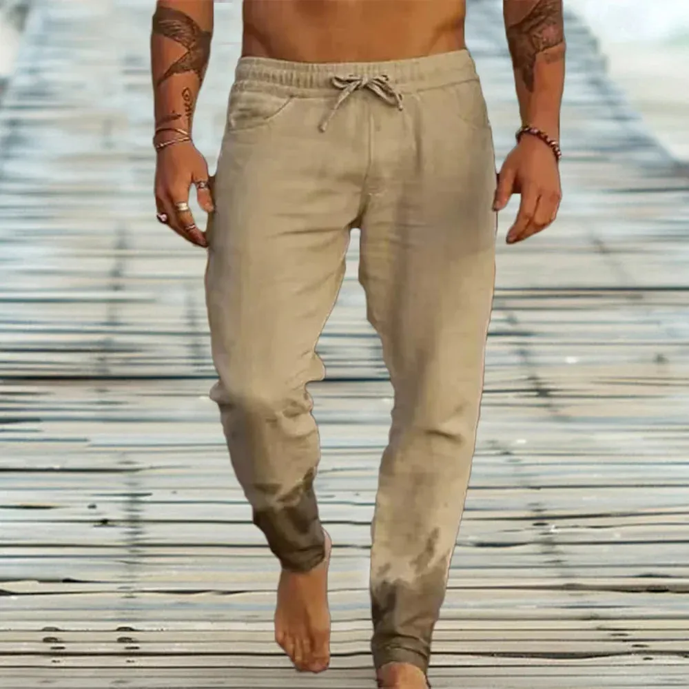 Men's Cotton Linen Casual Sweatpants Beach Pants Joggers Solid Drawstring Elastic Waist Pants Male Vacation Loose Straight Pants