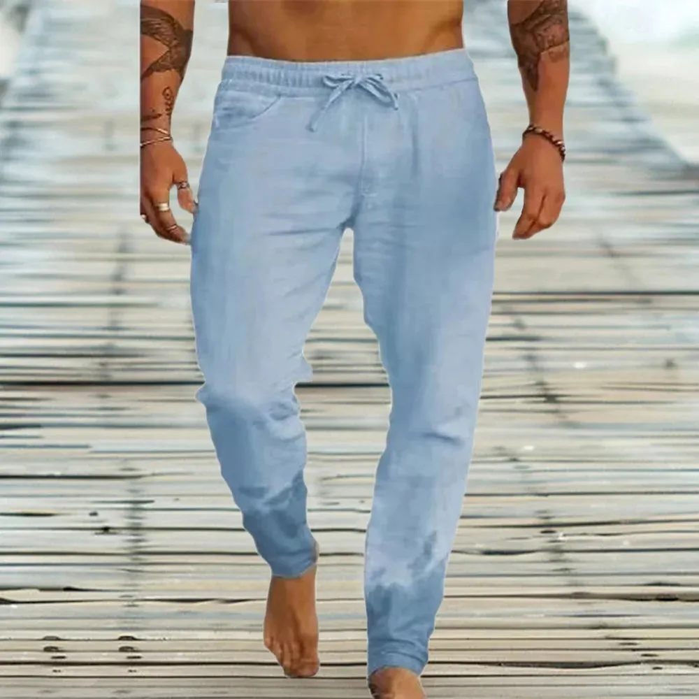 Men's Cotton Linen Casual Sweatpants Beach Pants Joggers Solid Drawstring Elastic Waist Pants Male Vacation Loose Straight Pants