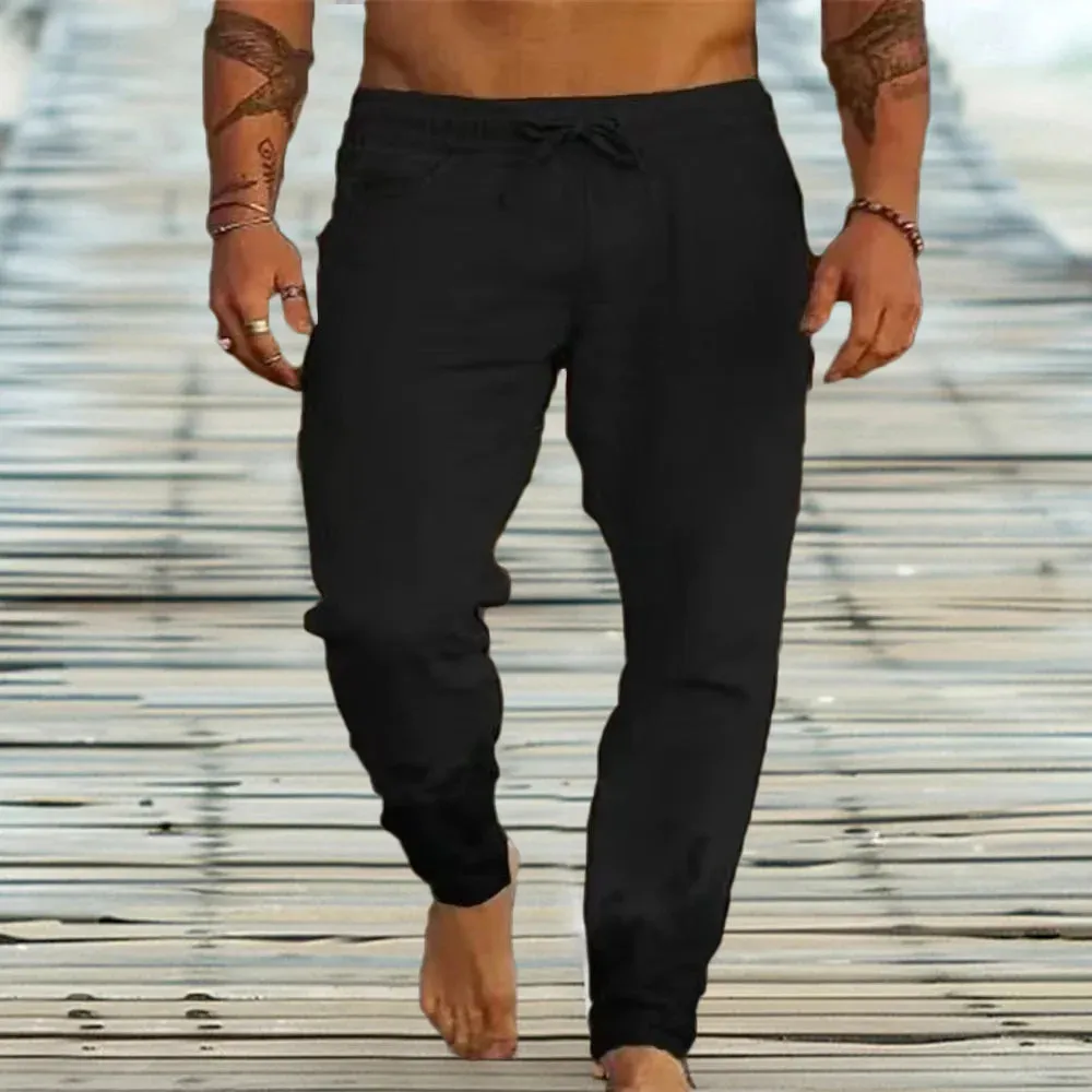 Men's Cotton Linen Casual Sweatpants Beach Pants Joggers Solid Drawstring Elastic Waist Pants Male Vacation Loose Straight Pants