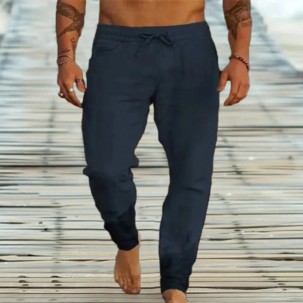 Men's Cotton Linen Casual Sweatpants Beach Pants Joggers Solid Drawstring Elastic Waist Pants Male Vacation Loose Straight Pants