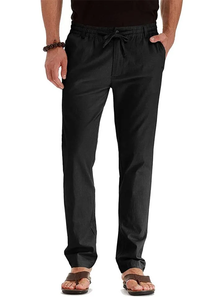 Men's Elastic Drawstring Waistband Casual Straight Cotton Pants