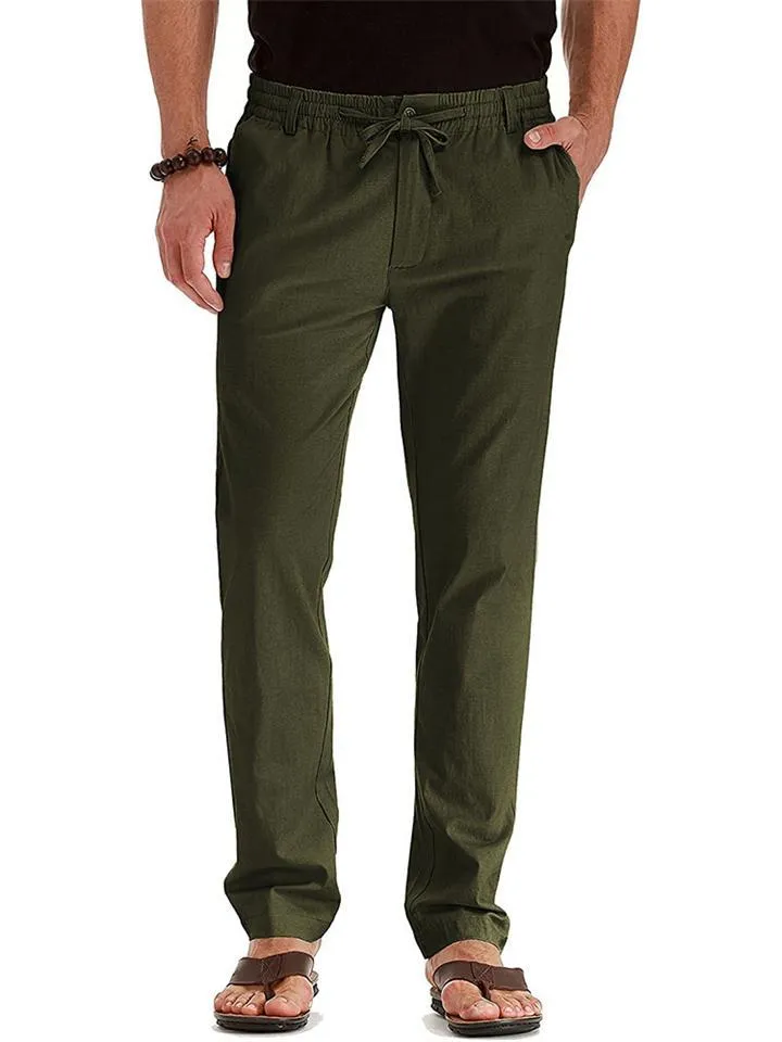 Men's Elastic Drawstring Waistband Casual Straight Cotton Pants