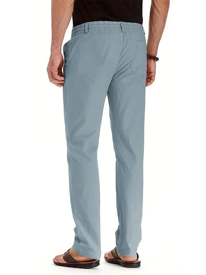 Men's Elastic Drawstring Waistband Casual Straight Cotton Pants