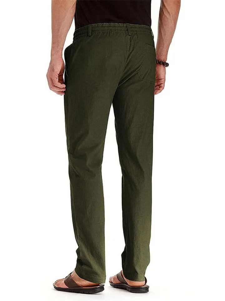 Men's Elastic Drawstring Waistband Casual Straight Cotton Pants