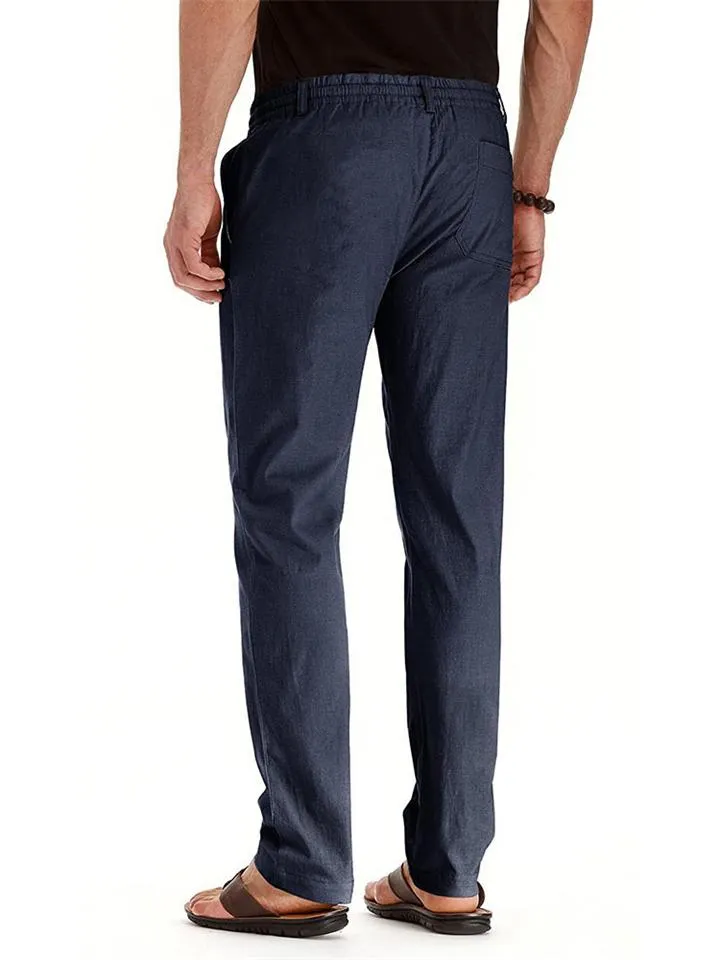 Men's Elastic Drawstring Waistband Casual Straight Cotton Pants