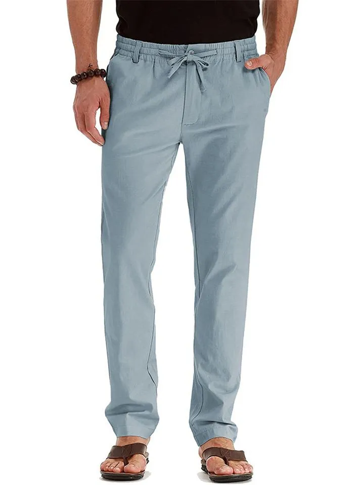 Men's Elastic Drawstring Waistband Casual Straight Cotton Pants