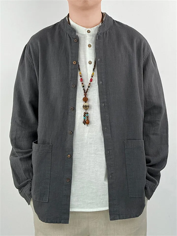 Men's High Quality Solid Color Long Sleeve Stand Up Collar Shirt