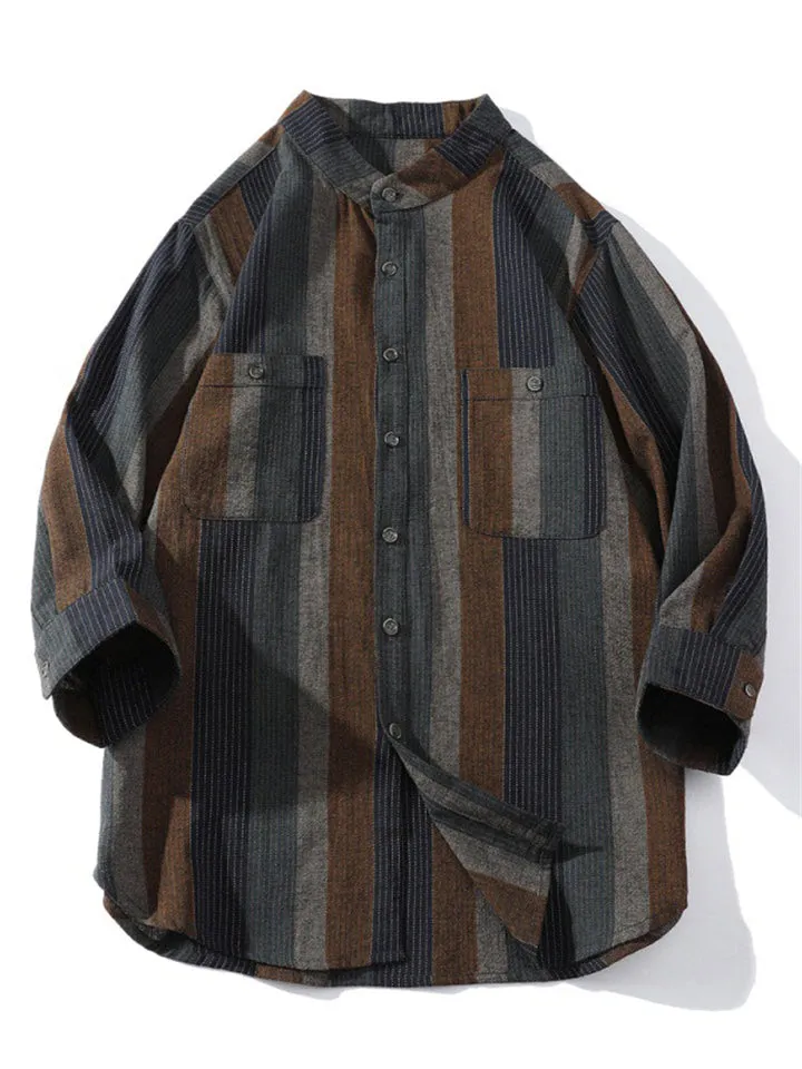 Men's Leisure Stripe Contrast Color Stand Collar Half Sleeve Shirt