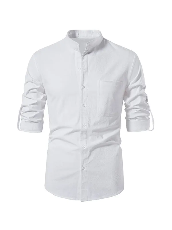 Men's Solid Color Cotton and Linen Button Cardigan Stand Collar Long Sleeve Shirt