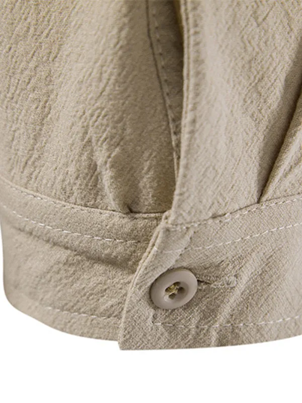 Men's Solid Color Cotton and Linen Button Cardigan Stand Collar Long Sleeve Shirt