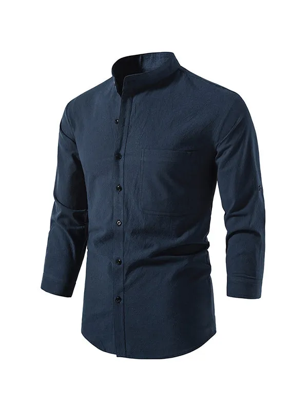 Men's Solid Color Cotton and Linen Button Cardigan Stand Collar Long Sleeve Shirt