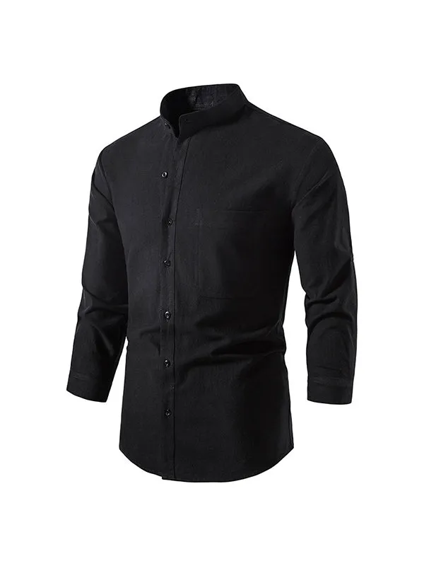 Men's Solid Color Cotton and Linen Button Cardigan Stand Collar Long Sleeve Shirt