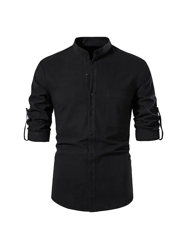 Men's Solid Color Cotton and Linen Button Cardigan Stand Collar Long Sleeve Shirt