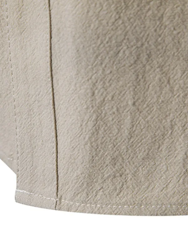 Men's Solid Color Cotton and Linen Button Cardigan Stand Collar Long Sleeve Shirt