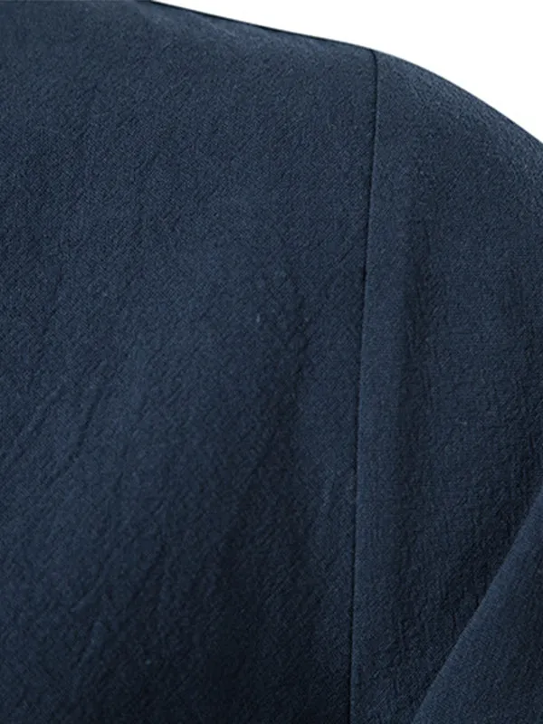 Men's Solid Color Cotton and Linen Button Cardigan Stand Collar Long Sleeve Shirt