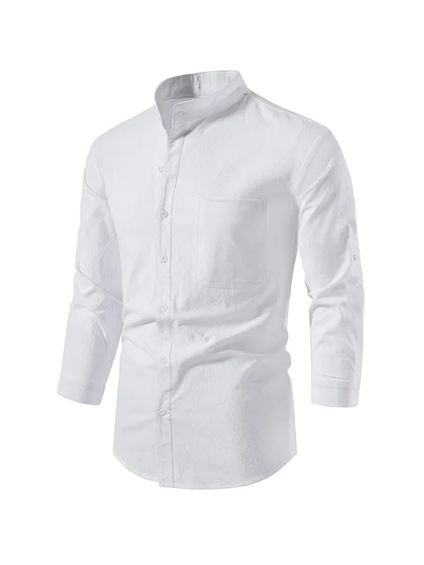 Men's Solid Color Cotton and Linen Button Cardigan Stand Collar Long Sleeve Shirt