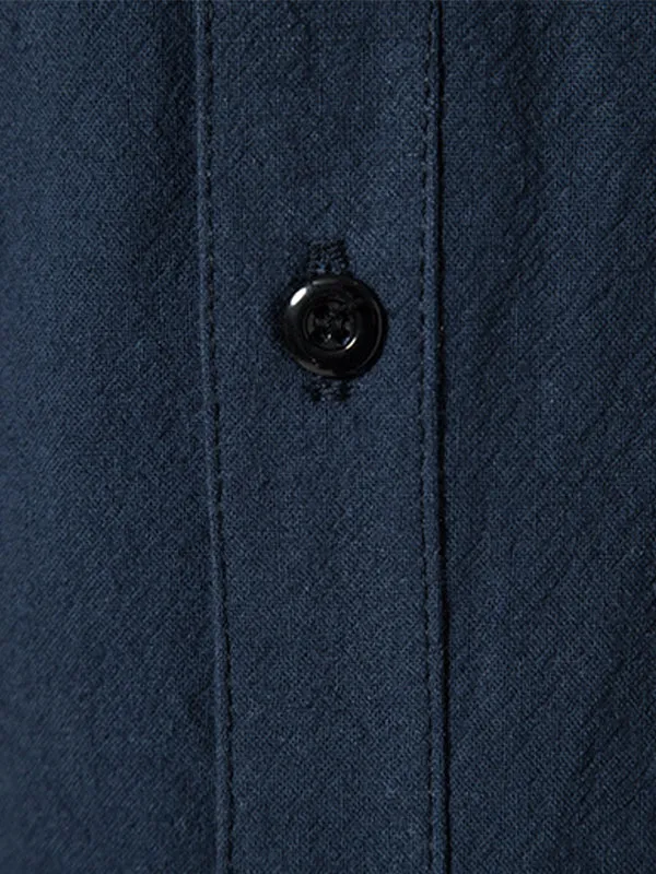 Men's Solid Color Cotton and Linen Button Cardigan Stand Collar Long Sleeve Shirt
