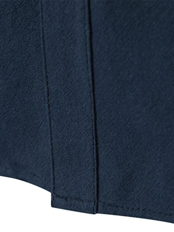 Men's Solid Color Cotton and Linen Button Cardigan Stand Collar Long Sleeve Shirt