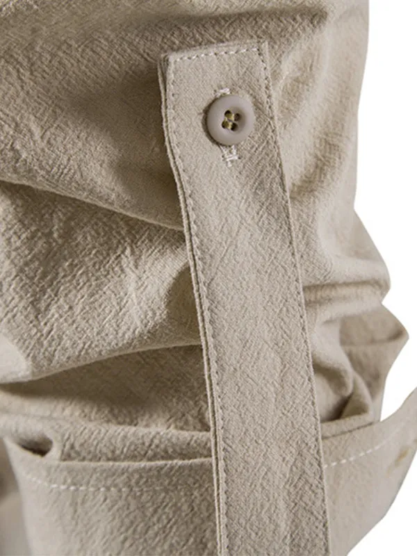 Men's Solid Color Cotton and Linen Button Cardigan Stand Collar Long Sleeve Shirt