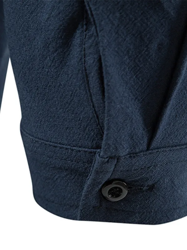 Men's Solid Color Cotton and Linen Button Cardigan Stand Collar Long Sleeve Shirt