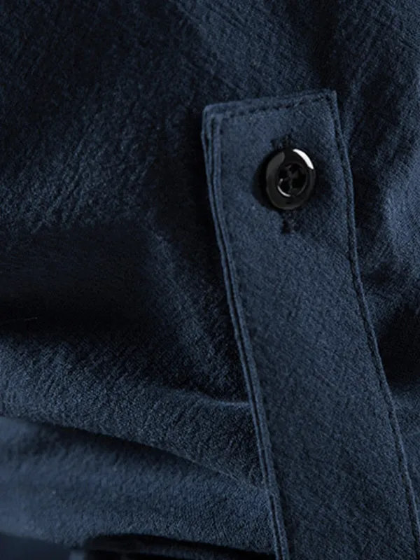 Men's Solid Color Cotton and Linen Button Cardigan Stand Collar Long Sleeve Shirt