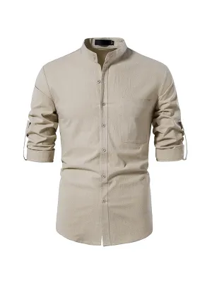 Men's Solid Color Cotton and Linen Button Cardigan Stand Collar Long Sleeve Shirt