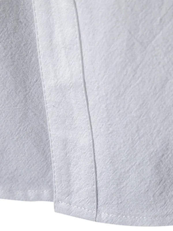 Men's Solid Color Cotton and Linen Button Cardigan Stand Collar Long Sleeve Shirt