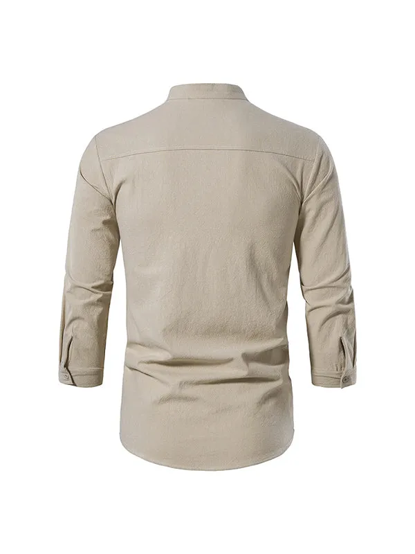 Men's Solid Color Cotton and Linen Button Cardigan Stand Collar Long Sleeve Shirt
