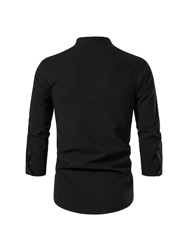 Men's Solid Color Cotton and Linen Button Cardigan Stand Collar Long Sleeve Shirt