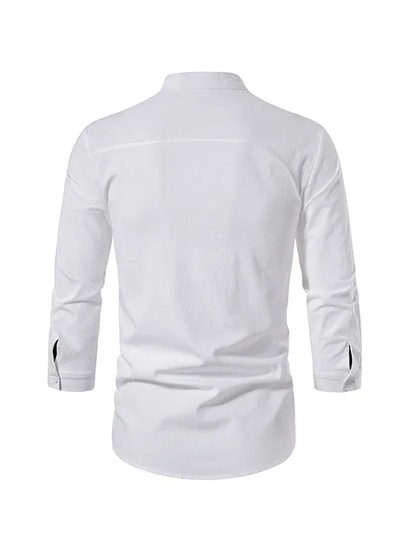 Men's Solid Color Cotton and Linen Button Cardigan Stand Collar Long Sleeve Shirt